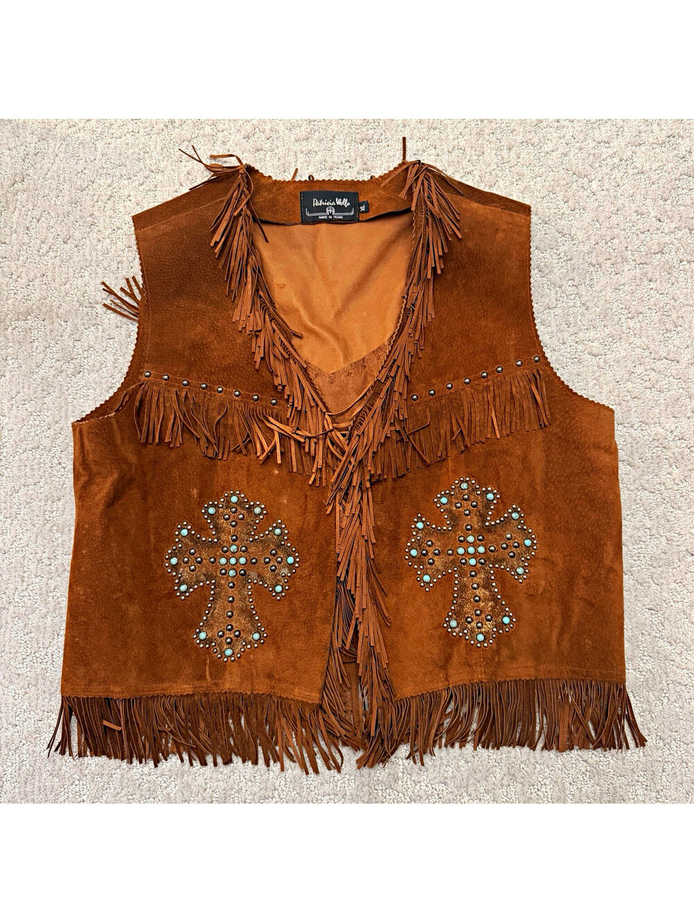 Patricia Wolf Women’s XL Brown Western Fringe Studded Cross Lace-Up Lined Vest